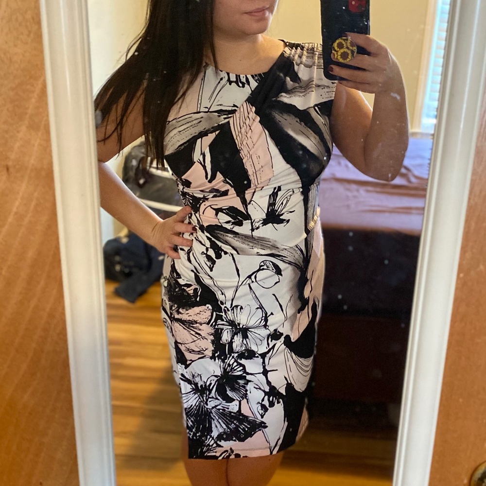 Light pink, black, and white print work dress